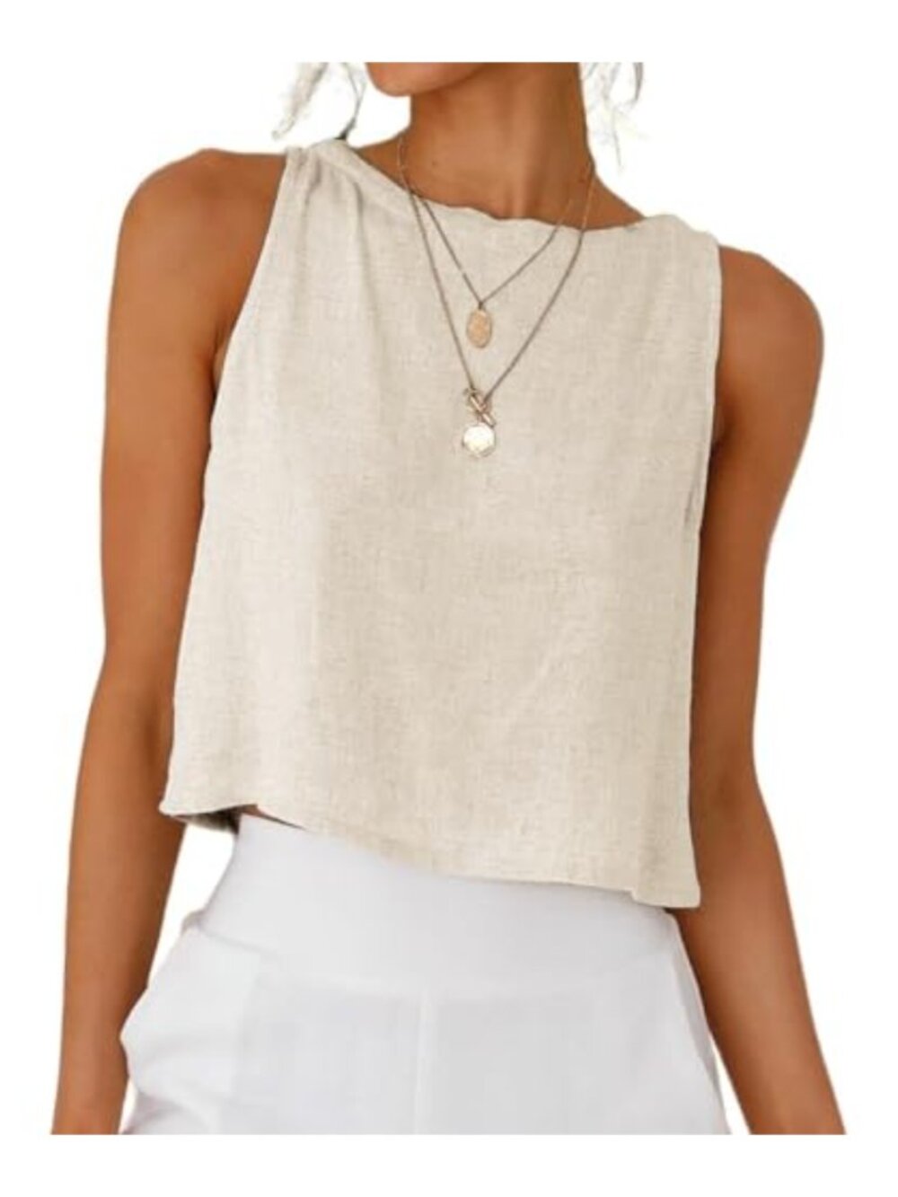 Womens Linen Blend Crop Tank Top High Neck Sleeveless Summer Casual